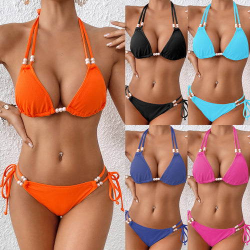 Damen Triangel-Bikini mit Perlenakzenten und verstellbaren Bindebändern Drune
