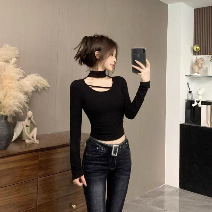 Damen langärmliges Oberteil mit stilvollem Cut-Out und hohem Kragen Drune