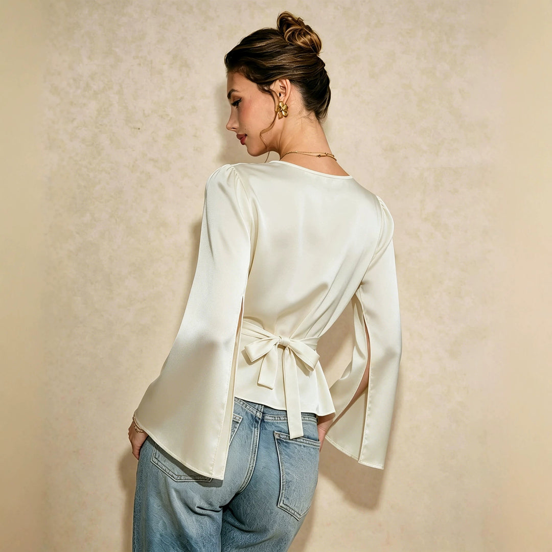 Damen elegante Satinbluse mit Wasserfallausschnitt, taillierter Silhouette und langen Ärmelschlitzen Drune