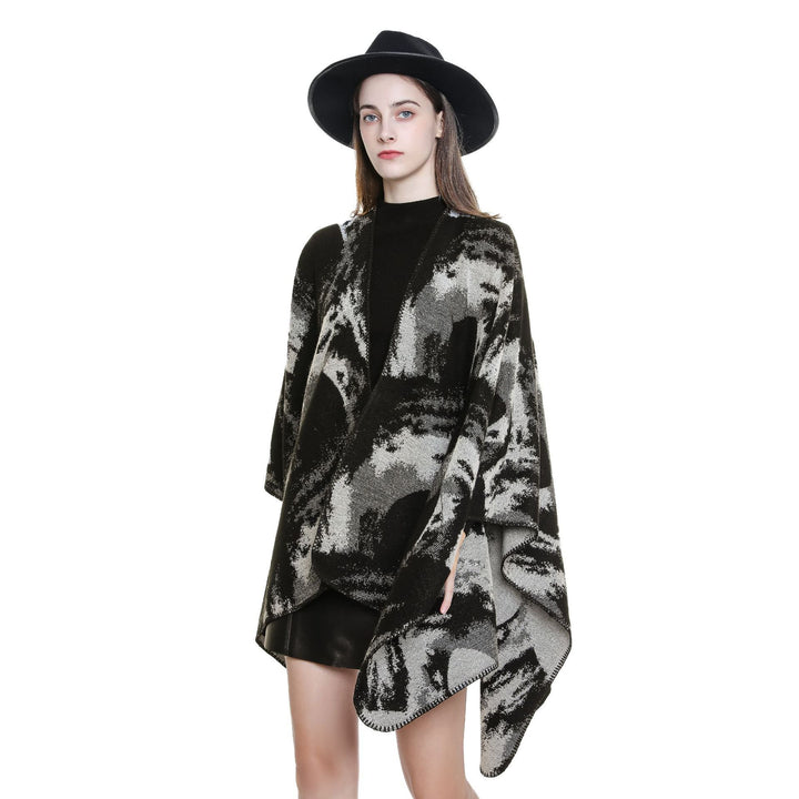 Damen Oversize-Jacquard-Umhang aus Wollmix mit grafischem Aquarellmuster und Kettelkante Drune