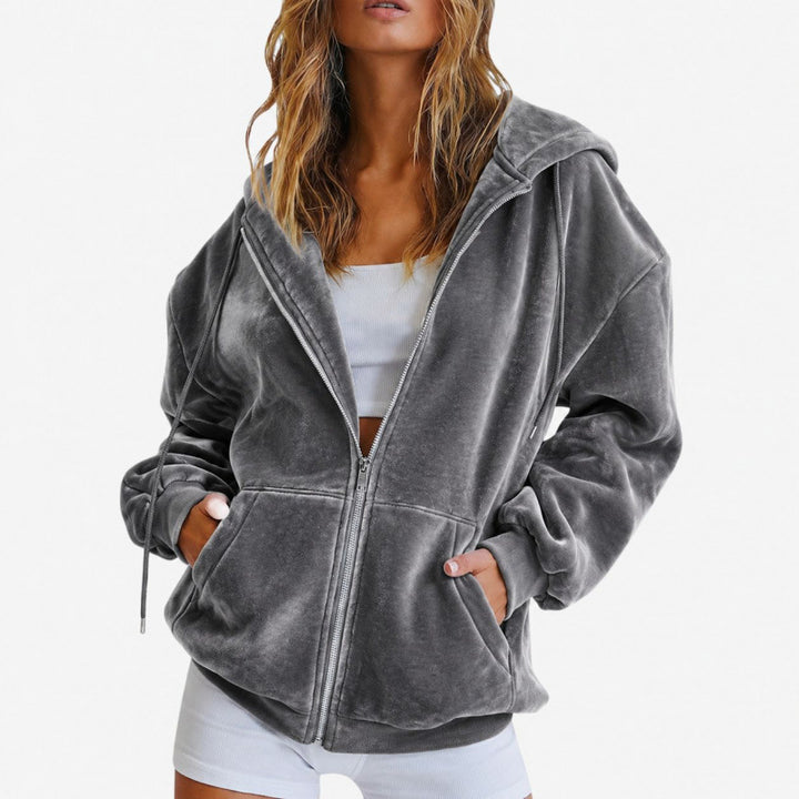 Damen Oversize Velours-Kapuzenjacke mit Reißverschluss Drune