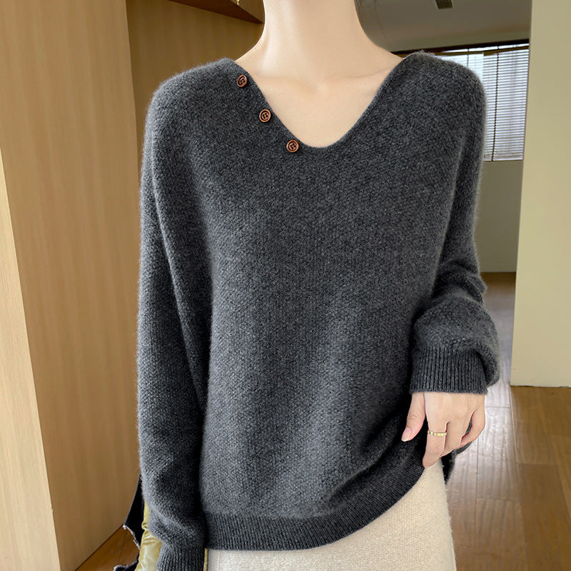 Damen lässiger Pullover mit dezenten Knopfdetails Drune