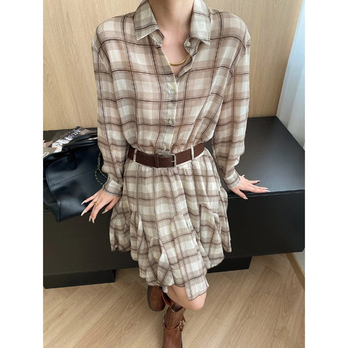 Damen Hemdblusenkleid mit taillierbarem Gürtel und Karomuster Drune
