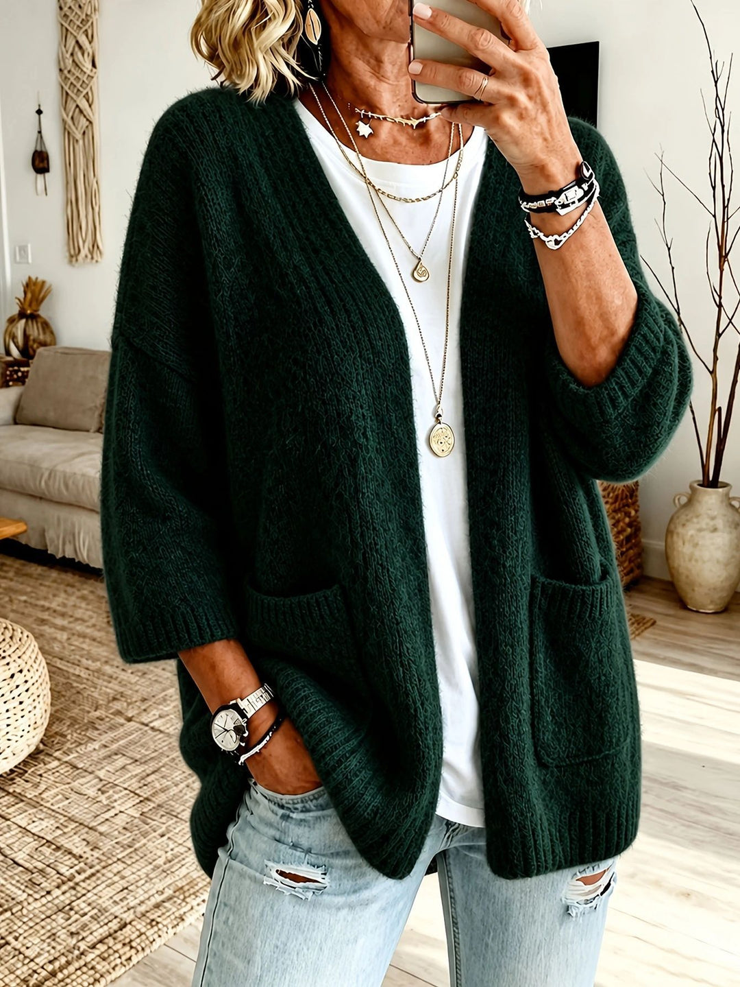 Damen Offener Longcardigan im Mohair-Look mit aufgesetzten Taschen und überschnittener Schulter Drune