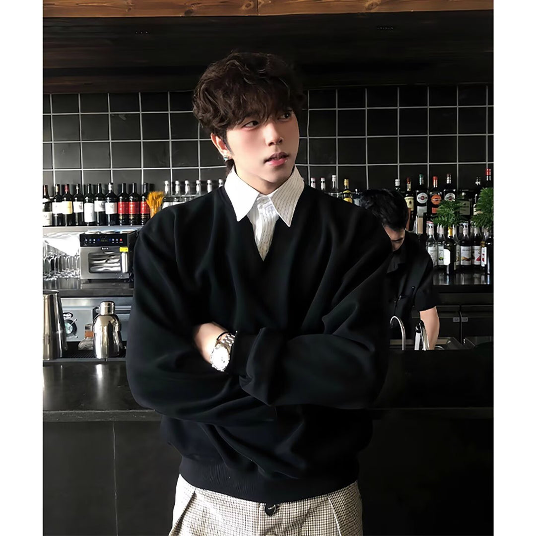 Herren modischer Oversized-Pullover mit V-Ausschnitt Drune
