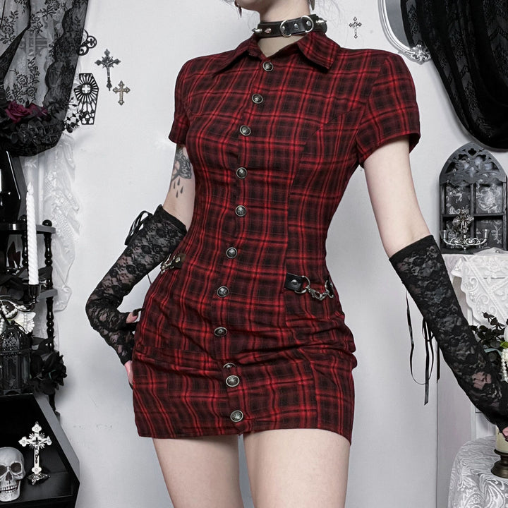 Damen Kurzarmkleid im schottischen Karomuster mit Knopfleiste und dekorativen Details Drune