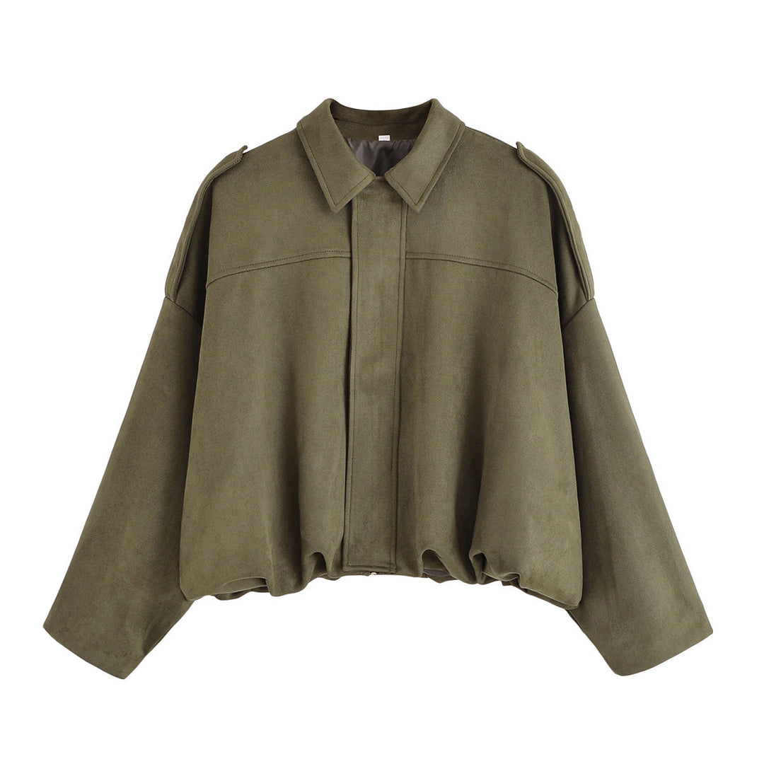 Damen Oversize-Suedejacke mit Schulterklappen, verdeckter Knopfleiste und elastischem Saum Drune