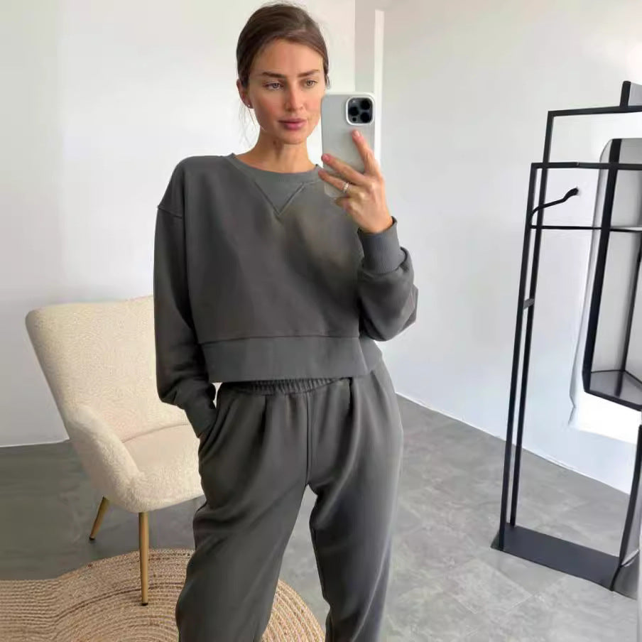 Damen nan Cropped-Sweater-Set mit V-Nahtdetail und hoher Taille Jogginghose Drune