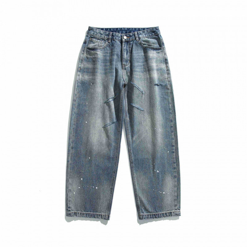 Unisex Weite Vintage-Denim-Jeans mit Destroy-Details und Paint-Splatter Drune