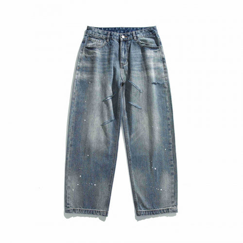 Unisex Weite Vintage-Denim-Jeans mit Destroy-Details und Paint-Splatter Drune