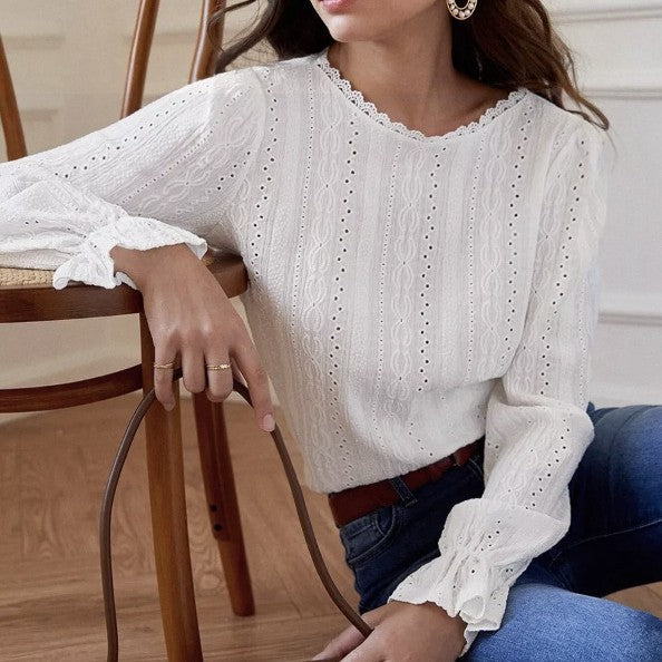 Damen elegante Bluse mit Rüschendetails und Lochstickerei Drune