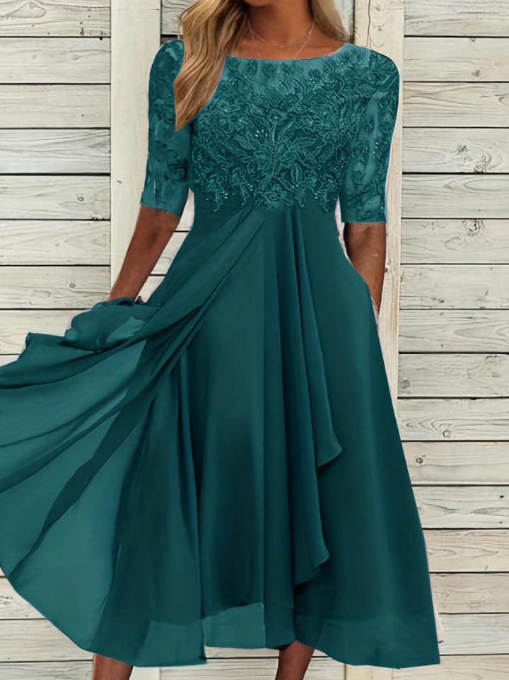 Damen nan elegantes Chiffon-Midikleid mit besticktem Spitzenoberteil und halblangen Ärmeln Drune