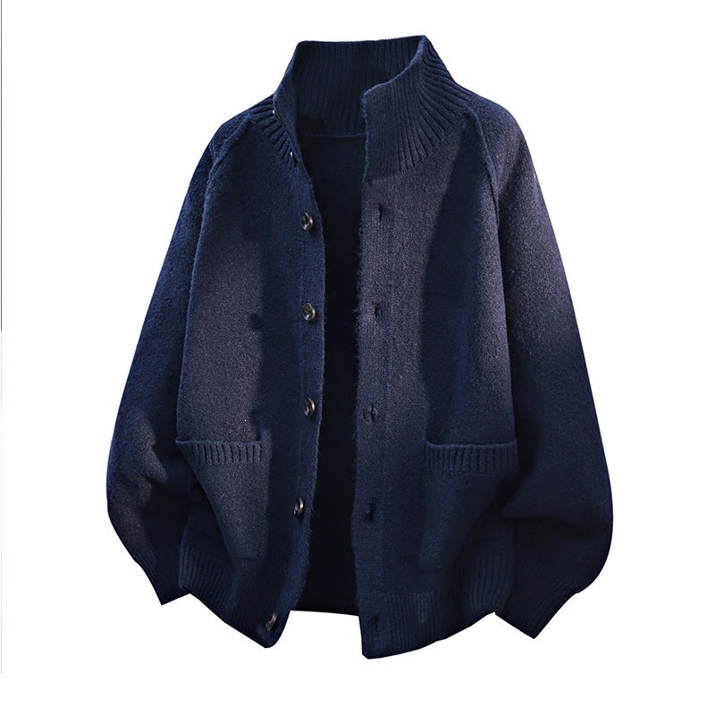 Herren Grobgestrickter Oversize-Cardigan mit hohem Rippenkragen & aufgesetzten Taschen Drune