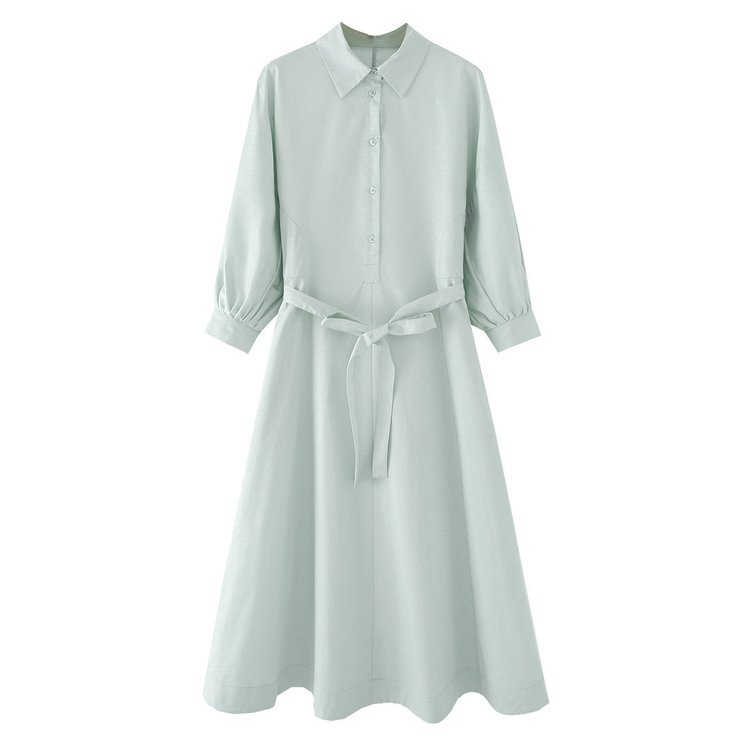Damen Hemdblusenkleid mit ausgestellt-gebogtem Rock, 3/4-Ärmeln und Taillengürtel Drune