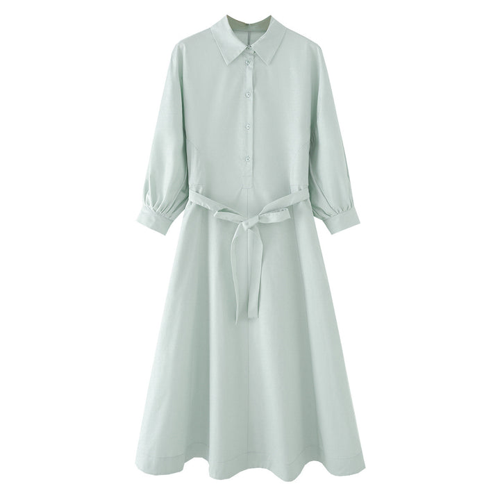 Damen Hemdblusenkleid mit ausgestellt-gebogtem Rock, 3/4-Ärmeln und Taillengürtel Drune