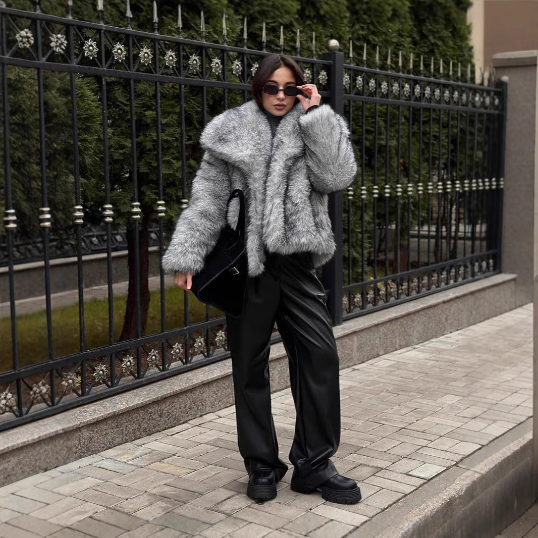 Damen elegante Kunstfelljacke mit voluminösem Kragen und verschließbaren Taschen Drune