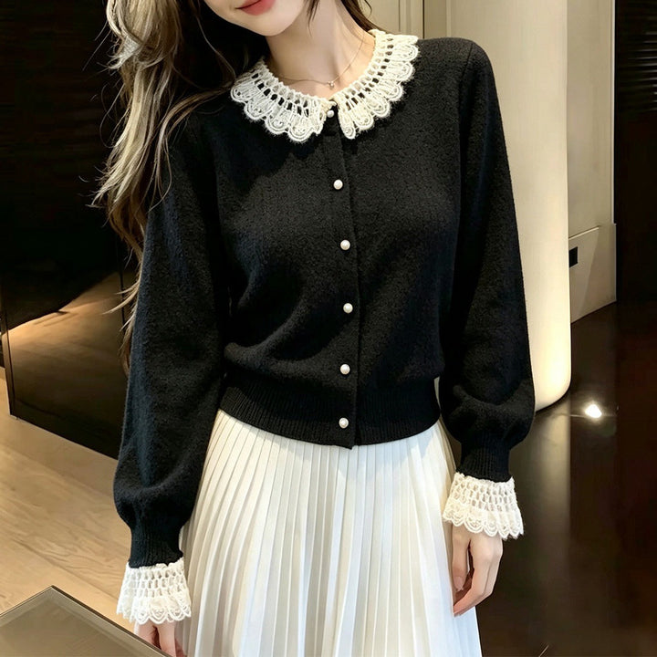 Damen Elegante Strickjacke mit Spitzenausschnitt Drune