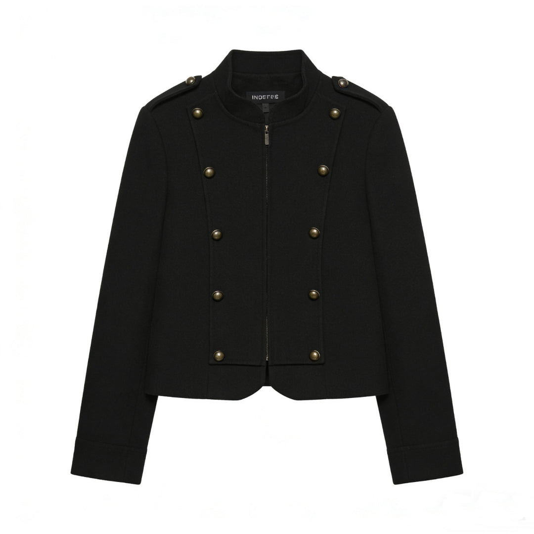 Damen Kurzjacke im Military-Stil mit Stehkragen, Zierknopfleiste und feinem Nadelstreifen Drune