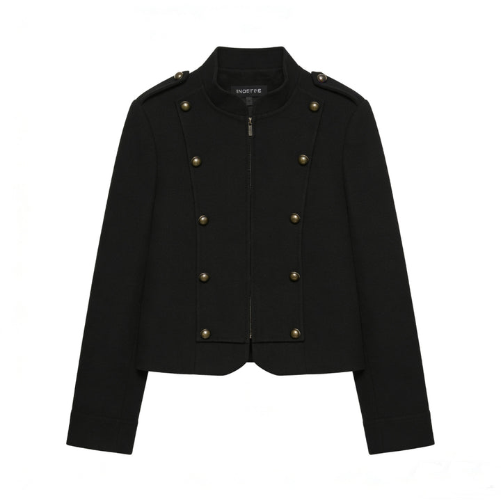 Damen Kurzjacke im Military-Stil mit Stehkragen, Zierknopfleiste und feinem Nadelstreifen Drune