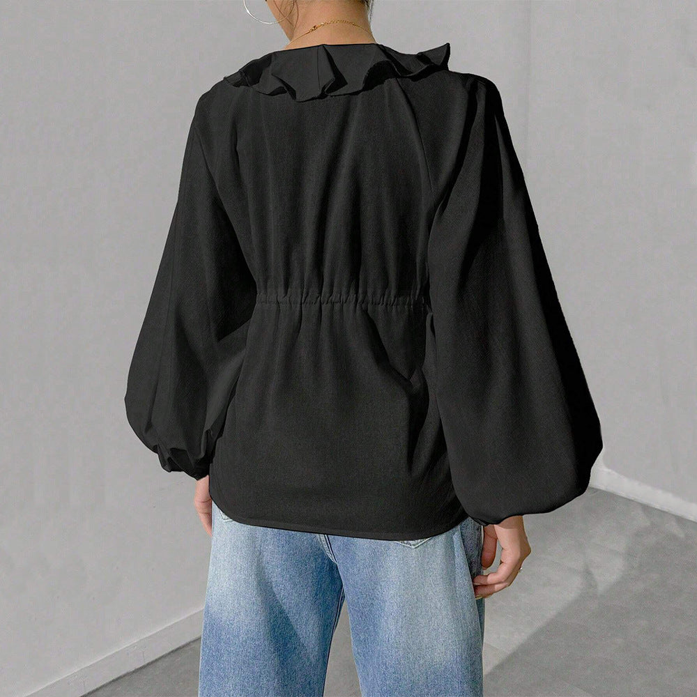 Damen lässige Rüschenbluse mit V‑Ausschnitt, Bindebändern und weiten Ballonärmeln Drune