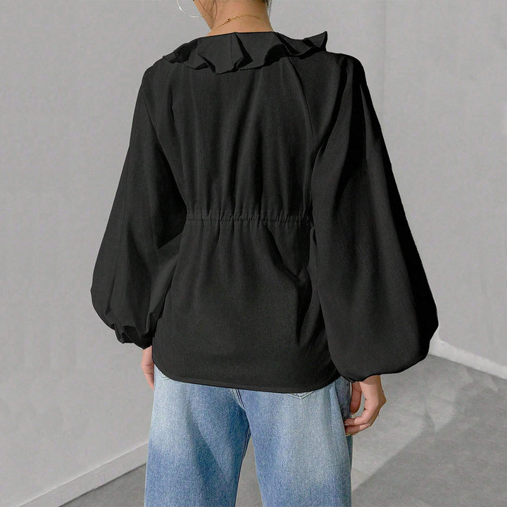 Damen lässige Rüschenbluse mit V‑Ausschnitt, Bindebändern und weiten Ballonärmeln Drune