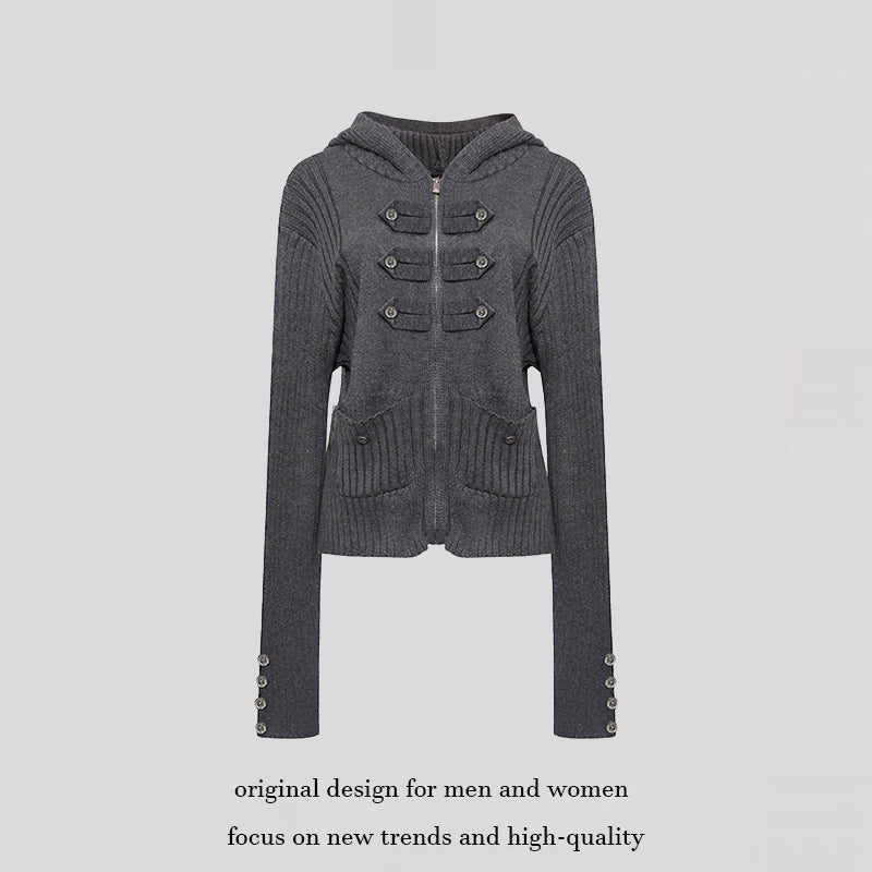 Damen gerippte Kapuzen-Strickjacke mit Reißverschluss, Zierknopfleisten und aufgesetzten Taschen Drune