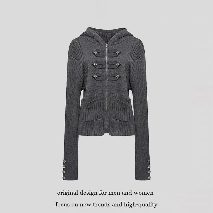 Damen gerippte Kapuzen-Strickjacke mit Reißverschluss, Zierknopfleisten und aufgesetzten Taschen Drune