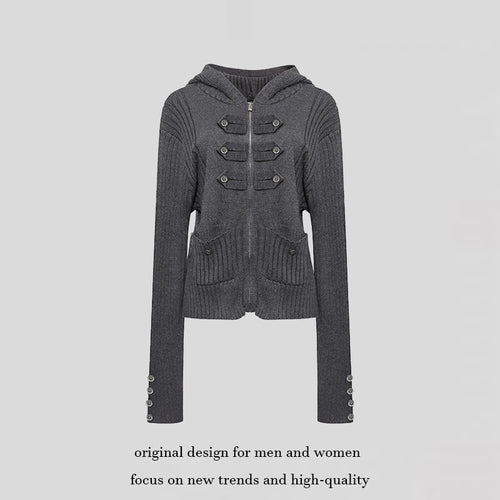 Damen gerippte Kapuzen-Strickjacke mit Reißverschluss, Zierknopfleisten und aufgesetzten Taschen Drune
