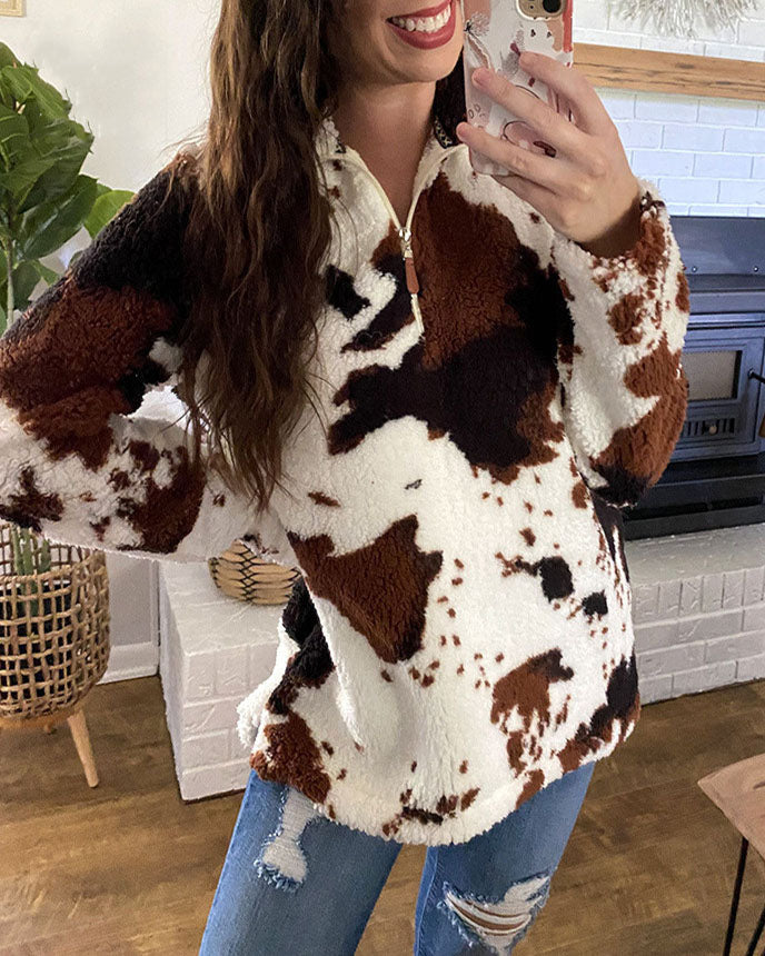 Drune Kuhmuster Polar Fleece Reißverschluss Sweatshirt