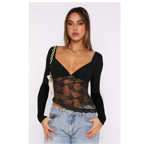 Damen Spitzenbluse mit tiefem V-Ausschnitt und langärmligem Design Drune