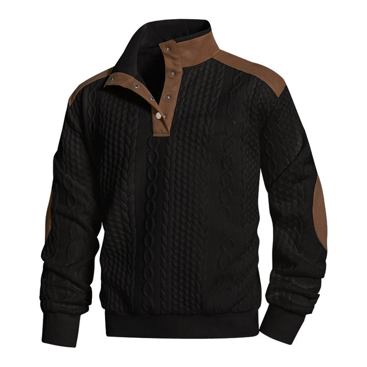 Herren Strickpullover mit Zopfmuster, Stehkragen und Kontrast‑Schulter- & Ellbogenpatches Drune
