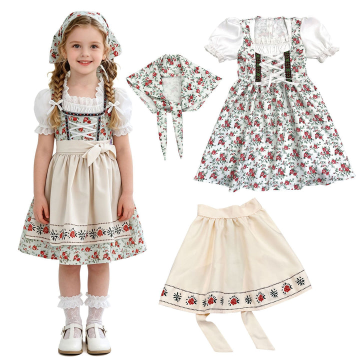 Damen nan Kinderdirndl Trachtenkleid mit Spitzenbluse Schürze und Kopftuch Drune