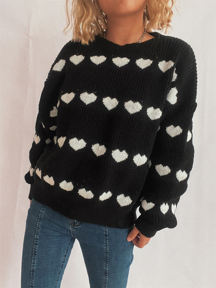 Damen gemütlicher Herzmuster-Strickpullover mit weiten Ärmeln Drune