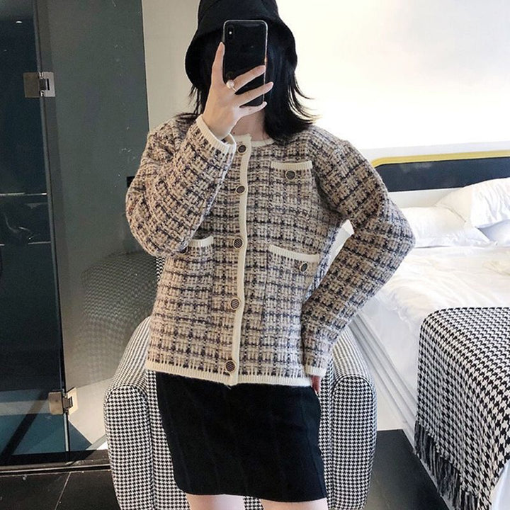 Damen elegante Tweedjacke mit dekorativen Knöpfen und Taschen Drune
