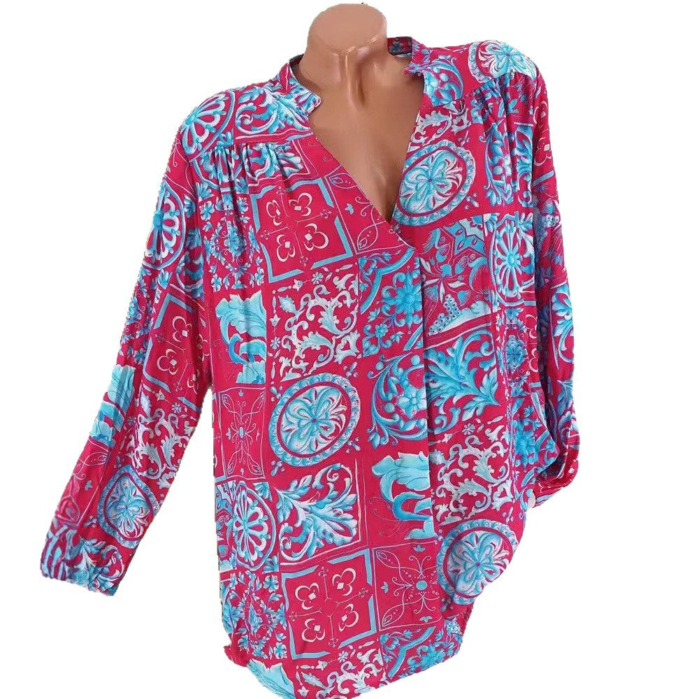Damen nan Viskose-Tunika-Bluse mit V-Ausschnitt, Stehkragen und gerafften Schultern Drune