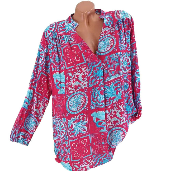 Damen nan Viskose-Tunika-Bluse mit V-Ausschnitt, Stehkragen und gerafften Schultern Drune