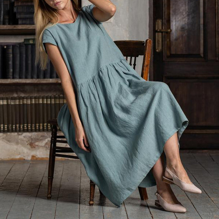 Damen luftiges Leinen-Midikleid mit tailliertem Schnitt und voluminösem Saum Drune