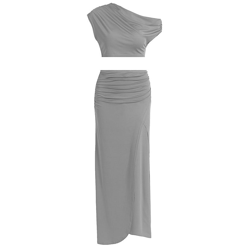 Damen Elegantes Two-Piece Set mit asymmetrischem Oberteil und gerafftem Rock Drune