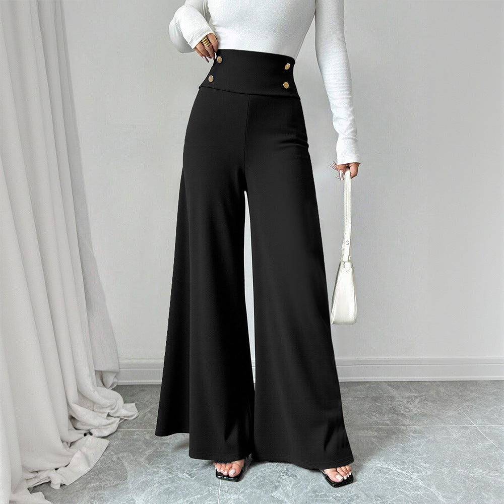 Damen Weite Palazzo-Hose mit hoch tailliertem Bund und dekorativen Knopfdetails Drune