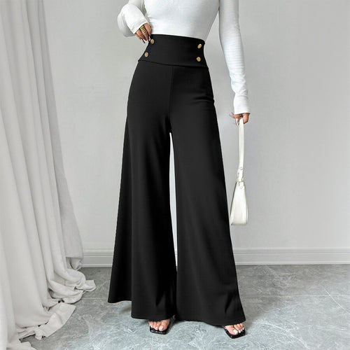 Damen Weite Palazzo-Hose mit hoch tailliertem Bund und dekorativen Knopfdetails Drune