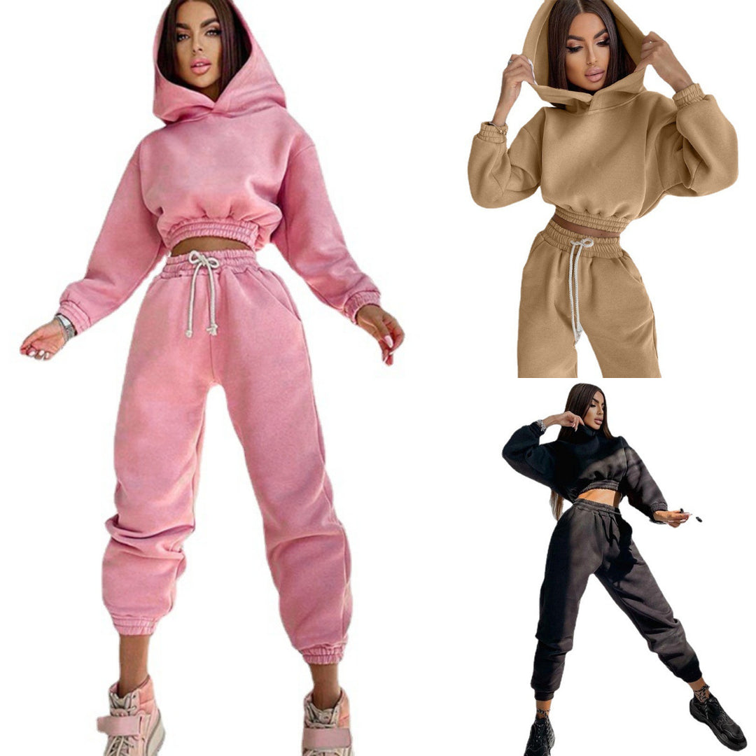 Damen cropped Kapuzen-Sweatset mit elastischem Rippbund und High-Waist Jogginghose Drune