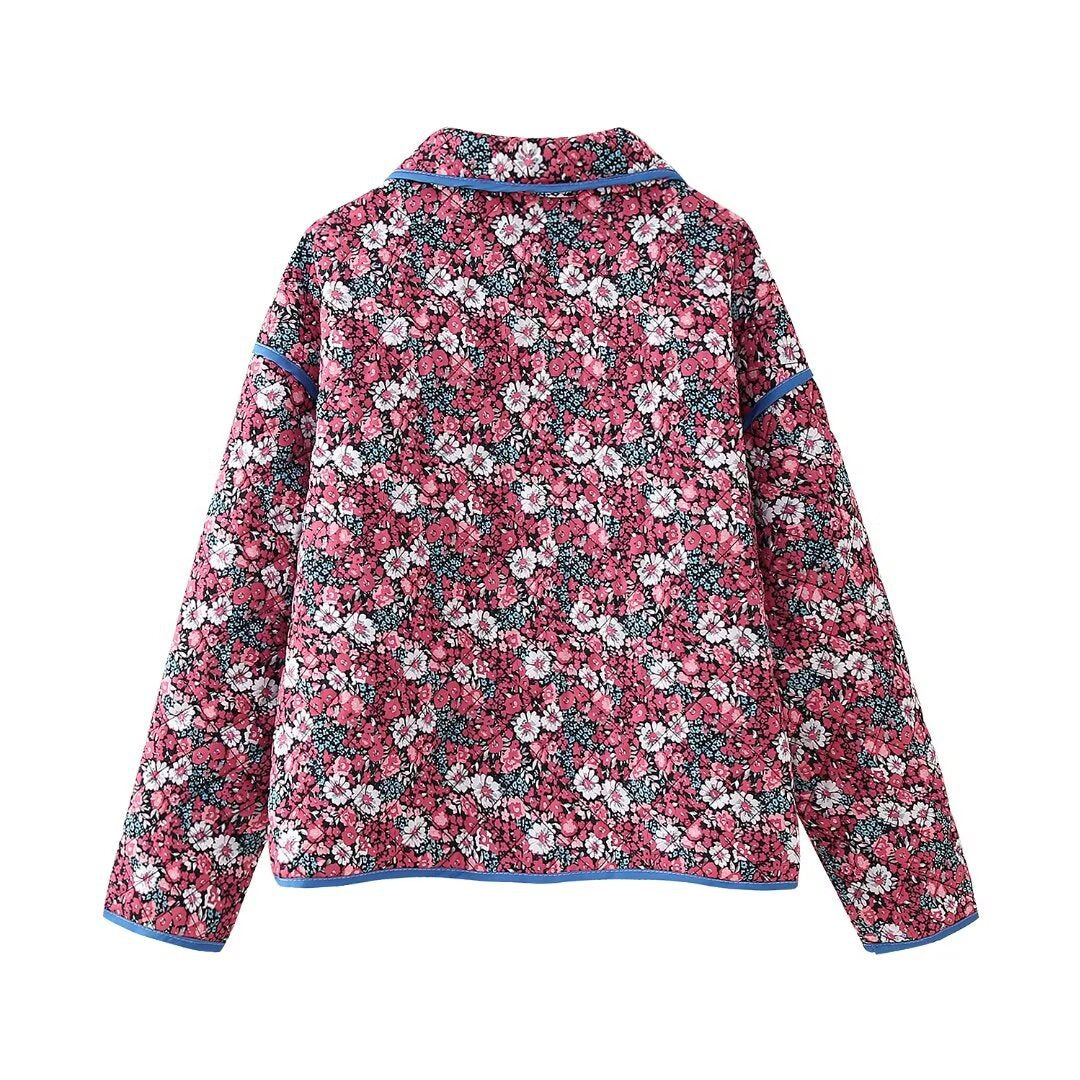 Damen nan gesteppte Kurzjacke mit floralem Microprint, Rundkragen, kontrastpaspel und aufgesetzten Taschen Drune