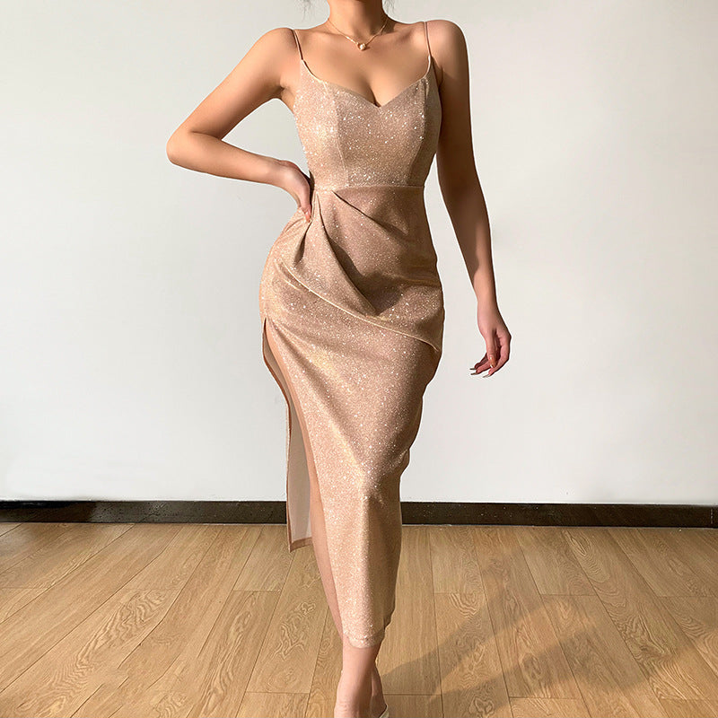 Damen elegantes Metallic-Effekt-Midikleid mit Spaghettiträgern Drune