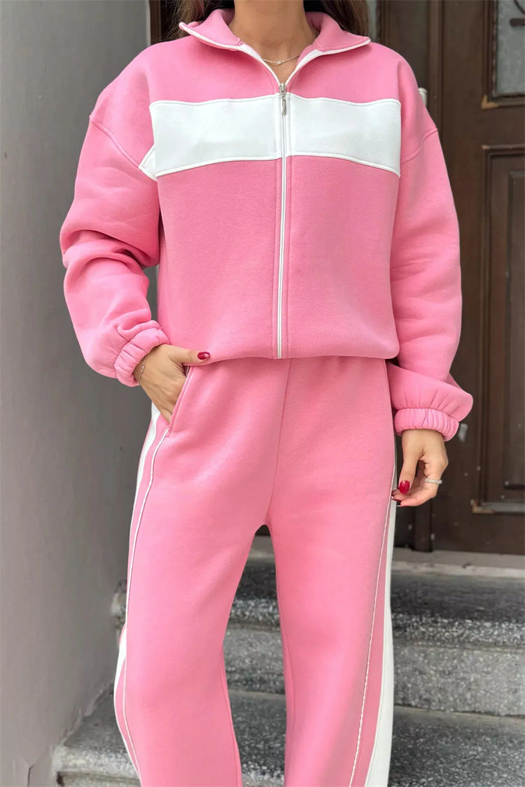 Damen Komfortables Campus-Lounge-Set mit kurzem Reißverschluss-Top und Seitenstreifen-Jogger Drune