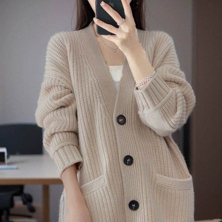 Damen kuschelige Strickjacke mit großen Taschen Drune