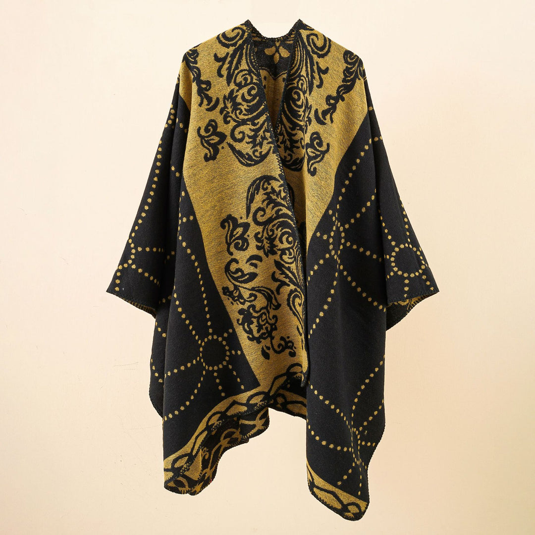 Damen Jacquard-Ruana im Umhangstil mit kontrastierender Kettelsaum Drune