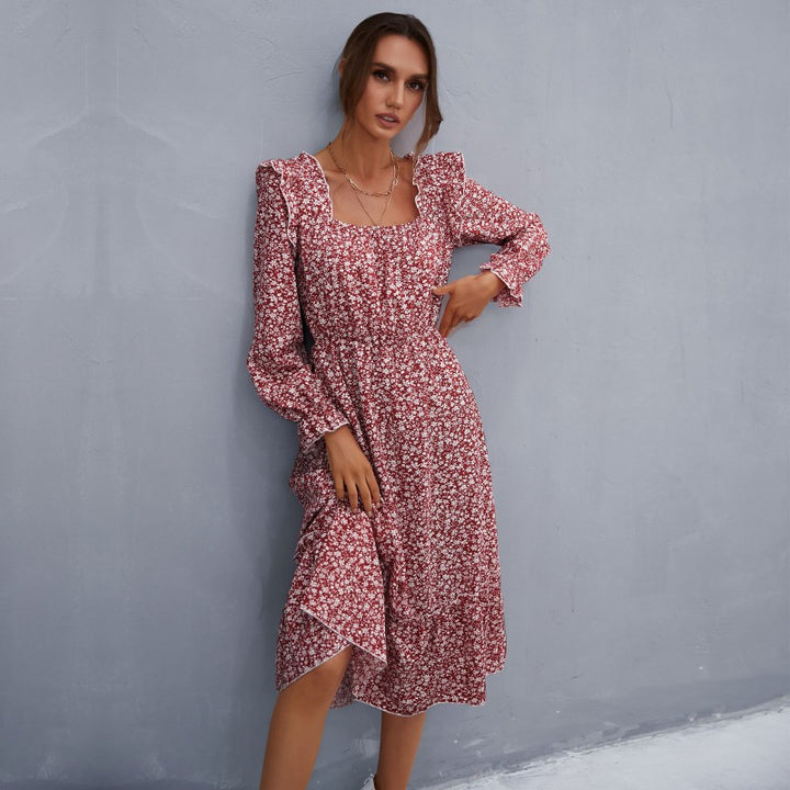 Damen Romantisches Midikleid mit quadratischem Ausschnitt, geraffter Taillenpassform und Stufenvolant Drune
