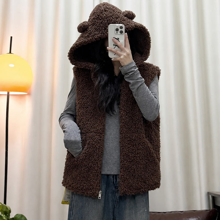 Damen nan kuschelige Teddyweste mit Kapuze und Reißverschluss Drune