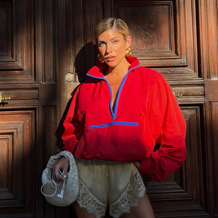 Damen Kurz geschnittene zweifarbige Halbzip-Utility-Jacke mit elastischem Saum und Reißverschlusstasche Drune