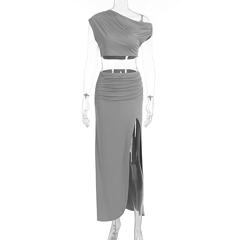 Damen Elegantes Two-Piece Set mit asymmetrischem Oberteil und gerafftem Rock Drune